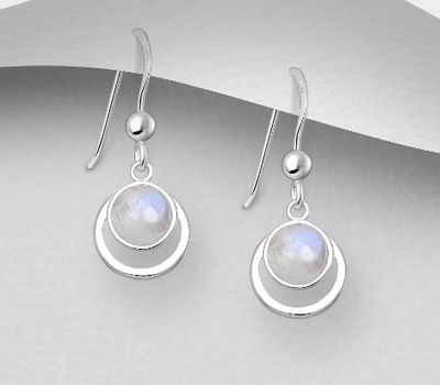 925 Sterling Silver Circle Hook Earrings, Decorated with Rainbow Moonstone