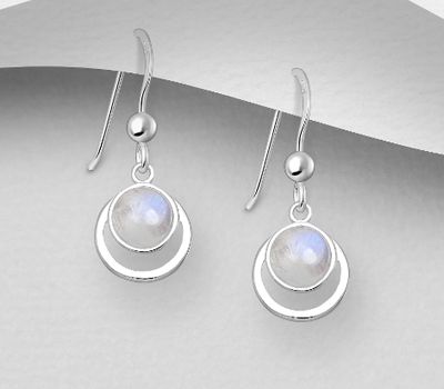 Şəkli böyütmək üçün tiklayın 925 Sterling Silver Circle Hook Earrings, Decorated with Rainbow Moonstone