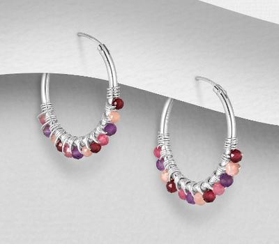 925 Sterling Silver Hoop Earrings, Decorated with Amethyst, Garnet, Rhodonite and Tourmaline