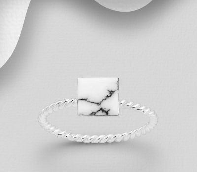 Şəkli böyütmək üçün tiklayın 925 Sterling Silver Square Ring, Decorated with Howlite