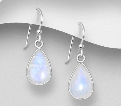 925 Sterling Silver Droplet Hook Earrings, Decorated with Rainbow Moonstone