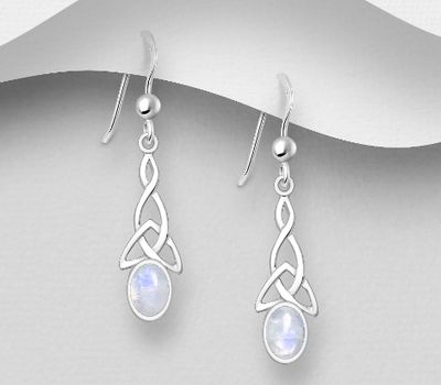 925 Sterling Silver Celtic Hook Earrings, Decorated with Rainbow Moonstone