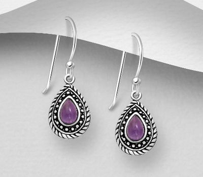 925 Sterling Silver Oxidized Hook Earrings, Decorated with Amethyst