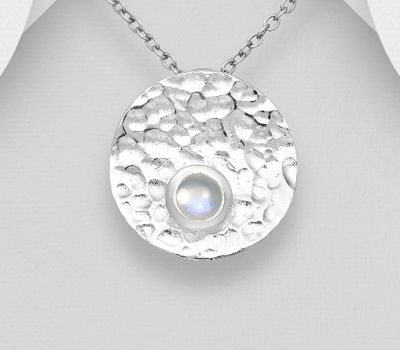 925 Sterling Silver Hammered Pendant, Decorated with Rainbow Moonstone