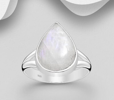 925 Sterling Silver Droplet Ring, Decorated with Rainbow Moonstone