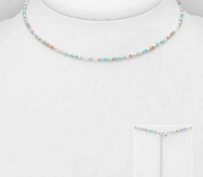 925 Sterling Silver Choker, Beaded with Amazonite, Moonstone and Rhodonite