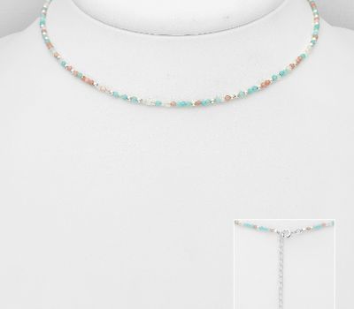 Şəkli böyütmək üçün tiklayın 925 Sterling Silver Choker, Beaded with Amazonite, Moonstone and Rhodonite
