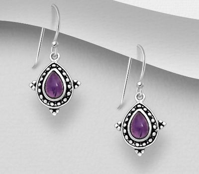 925 Sterling Silver Oxidized Droplet Hook Earrings, Decorated with Amethyst