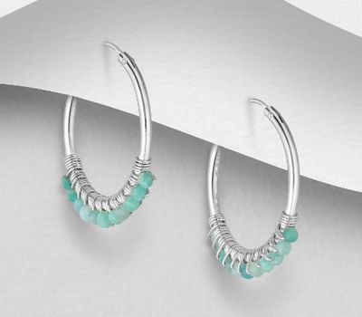 925 Sterling Silver Hoop Earrings, Beaded with Amazonites