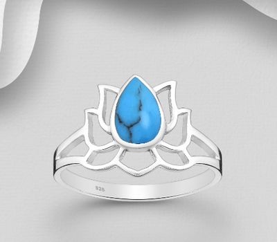 925 Sterling Silver Lotus Ring, Decorated with Reconstructed Turquoise