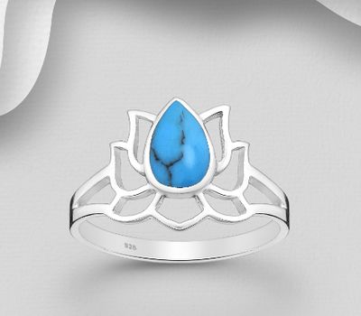 Şəkli böyütmək üçün tiklayın 925 Sterling Silver Lotus Ring, Decorated with Reconstructed Turquoise