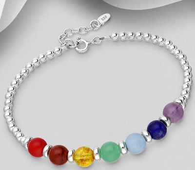 925 Sterling Silver Chakra and Ball Bracelet, Beaded with, Citrine, Amethyst, Green Aventurine, Red Jasper, Lapis Lazuli, Aquamarine, Red Resin, Bead Colors may Vary.