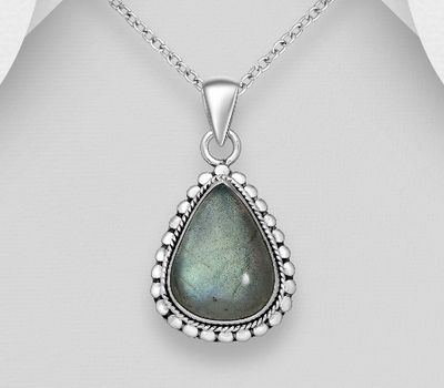 925 Sterling Silver Oxidized Droplet Pendant, Decorated with Labradorite