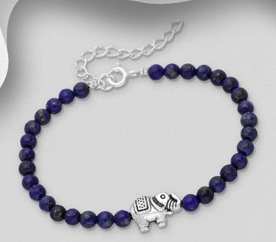 925 Sterling Silver Adjustable Elephant Bracelet, Beaded with Gemstone Beads