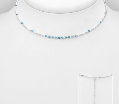 925 Sterling Silver Choker, Beaded with Blue Apatite