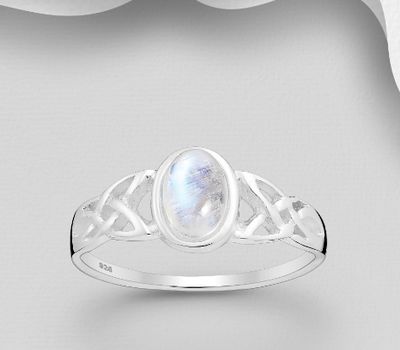 925 Sterling Silver Celtic Ring, Decorated with Rainbow Moonstone
