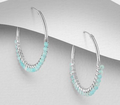 925 Sterling Silver Hoop Earrings, beaded with Amazonites