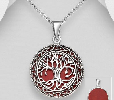 925 Sterling Silver Celtic Tree of Life Pendant, Decorated with Reconstructed Turquoise or Various Colored Resins