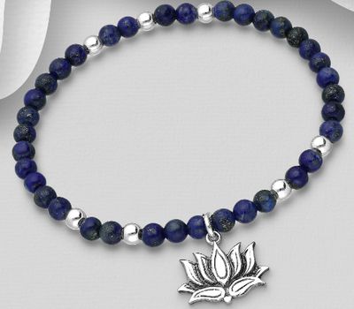 925 Sterling Silver Oxidized Lotus Bracelet, Beaded with Gemstone Beads