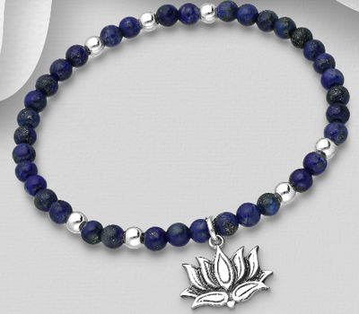Şəkli böyütmək üçün tiklayın 925 Sterling Silver Oxidized Lotus Bracelet, Beaded with Gemstone Beads