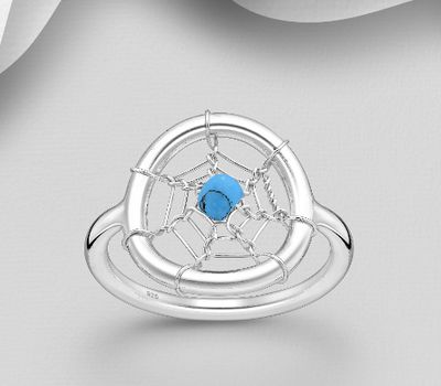925 Sterling Silver Cobweb Ring, Beaded with Reconstructed Sky-Blue Turquoise
