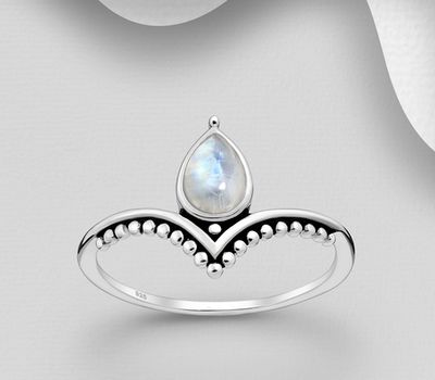 925 Sterling Silver Oxidized Droplet Chevron Ring, Decorated with Rainbow Moonstone