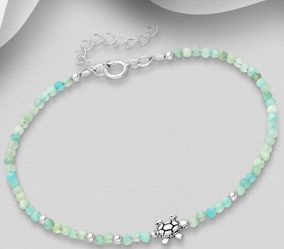 925 Sterling Silver Adjustable Oxidized Turtle Bracelet, Beaded with Gemstone Beads