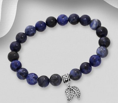 Şəkli böyütmək üçün tiklayın 925 Sterling Silver Oxidized Leaf Bracelet, Beaded with Various Gemstone Beads