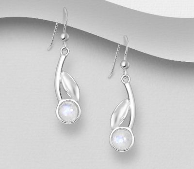 925 Sterling Silver Leaf Hook Earrings, Decorated with Rainbow Moonstone
