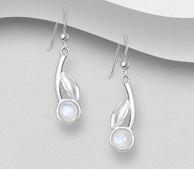 Şəkli böyütmək üçün tiklayın 925 Sterling Silver Leaf Hook Earrings, Decorated with Rainbow Moonstone