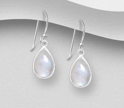 Şəkli böyütmək üçün tiklayın 925 Sterling Silver Droplet Hook Earrings, Decorated with Rainbow Moonstone
