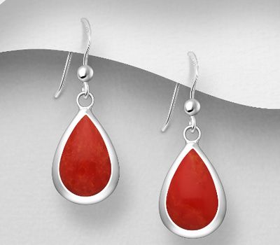 Şəkli böyütmək üçün tiklayın 925 Sterling Silver Hook Earrings, Decorated with Droplet-Shaped Reconstructed Turquoise or Various Colored Resin