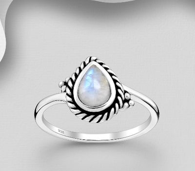925 Sterling Silver Oxidized Droplet Ring, Decorated with Rainbow Moonstone