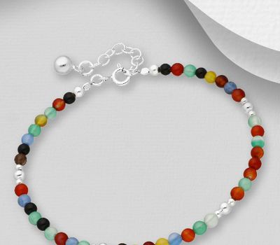 925 Sterling Silver Ball Bracelet, Decorated with Colorful Gemstone Beads, Colors may Vary.