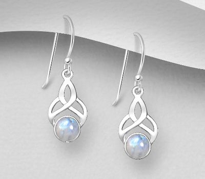 925 Sterling Silver Hook Earrings, Decorated with Rainbow Moonstones