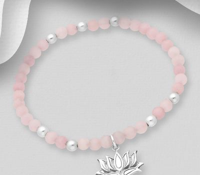 925 Sterling Silver Lotus Elastic Bracelet, Beaded with Rose Quartz