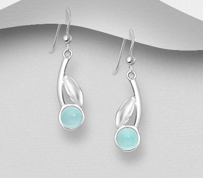 925 Sterling Silver Leaf Hook Earrings, Decorated with Light Sky-Blue Chalcedony