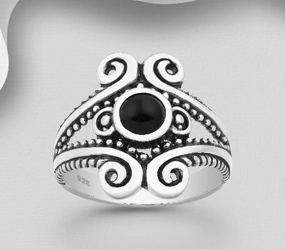 925 Sterling Silver Oxidized Swirl Ring, Decorated with Reconstructed Turquoise or Various Gemstones