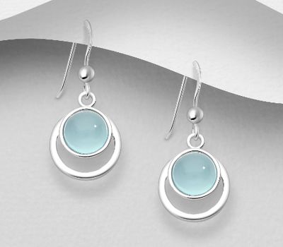 925 Sterling Silver Hook Earrings, Decorated with Light Sky-Blue Chalcedony