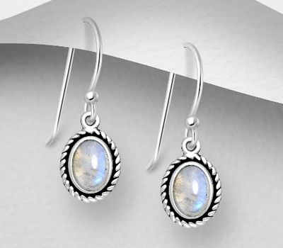 925 Sterling Silver Oxidized Oval Hook Earrings, Decorated with Rainbow Moonstone