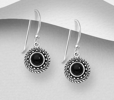 925 Sterling Silver Oxidized Circle Hook Earrings, Decorated with Onyx