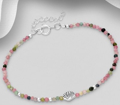 925 Sterling Silver Adjustable Oxidized Shell Bracelet, Beaded with Gemstone Beads