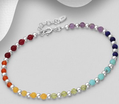 925 Sterling Silver Chakra Bracelet, Beaded with Amethyst, Carnelian, Lapis Lazuli, Peridot, Reconstructed Sky Blue Turquoise , Dyed Yellow Jade and Lab-Created Ruby, Bead Colors may Vary.