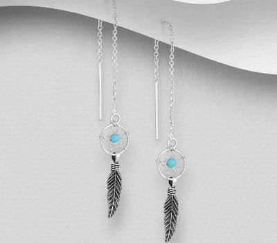 925 Sterling Silver Dream Catcher Earrings, Decorated with Reconstructed Turquoise or Various Colored Resins