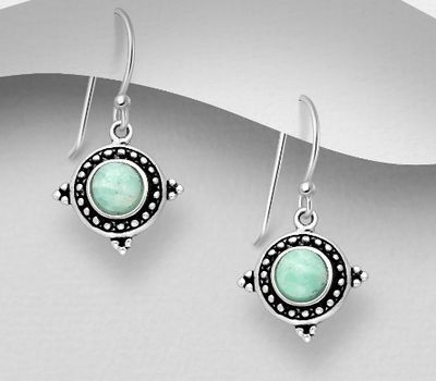 Şəkli böyütmək üçün tiklayın 925 Sterling Silver Oxidized Circle Hook Earrings, Decorated with Amazonite