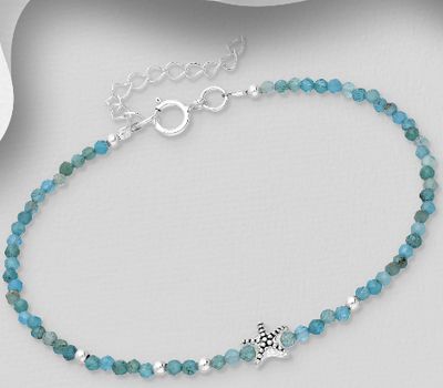 925 Sterling Silver Adjustable Oxidized Starfish Bracelet, Beaded with Gemstone Beads