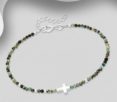 925 Sterling Silver Adjustable Cross Bracelet, Beaded with Gemstone Beads