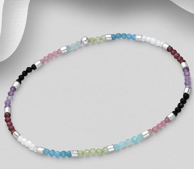 Şəkli böyütmək üçün tiklayın 925 Sterling Silver Elastic Bracelet, Beaded with Amazonite, Amethyst, Black Agate, Blue Apatite, Garnet, Peridot, Pink Tourmaline and Rainbow Moonstone