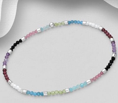 925 Sterling Silver Elastic Bracelet, Beaded with Amazonite, Amethyst, Black Agate, Blue Apatite, Garnet, Peridot, Pink Tourmaline and Rainbow Moonstone