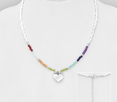 925 Sterling Silver Heart Necklace, Beaded with Amazonite, Amethyst, Garnet, Lapis Lazuli, Sandstone, Peridot, Moonstone and Seed Beads.